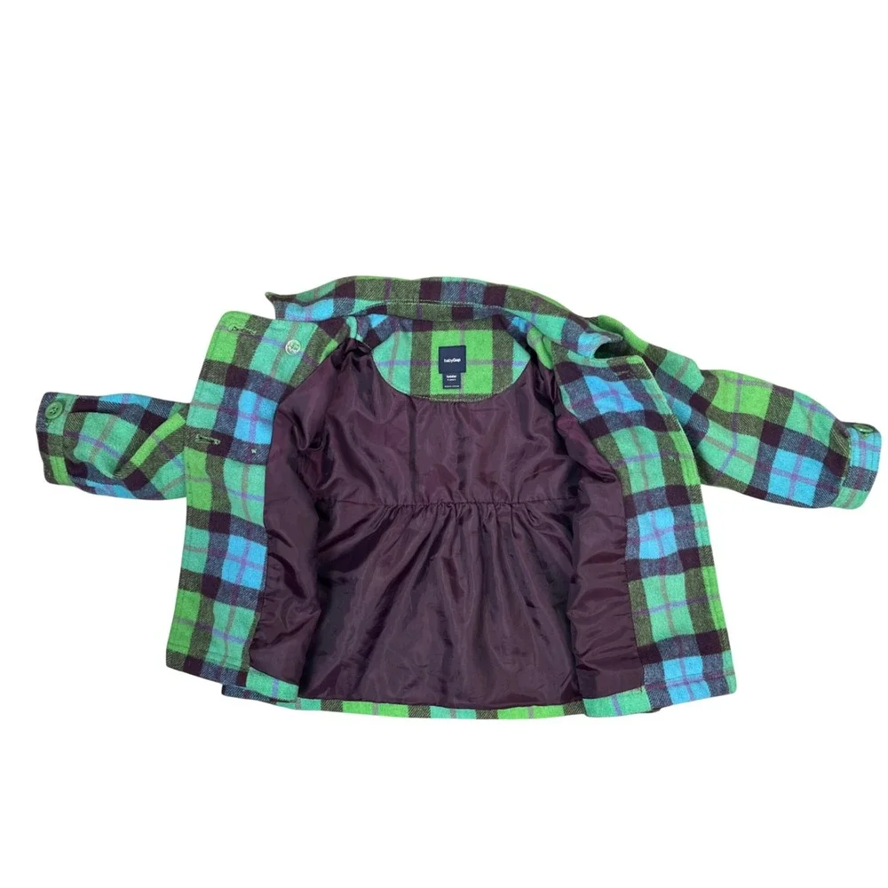 babyGap Toddler Girls Green Blue‎ Plaid Wool Blend Double Breasted Pea Coat 4Y